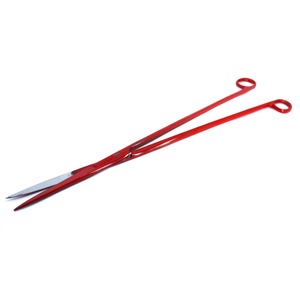 Red plastic-coated tweezers with curved loop handles and stainless steel pointed tips.