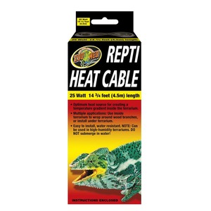 Zoo Med Repti Heat Cable packaging: 25W, 14.3 ft length, green alligator graphic, bold white text on black/yellow.