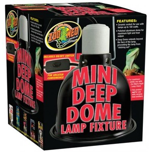 Box packaging for Mini Deep Dome Lamp Fixture featuring a black dome lamp with a white bulb and bold red text.