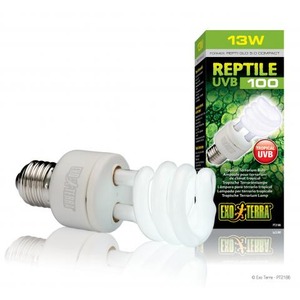 White spiral UVB compact lamp with screw base next to green box reading Reptile UVB 100, 13W.