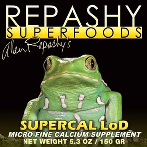 Green frog on black background with Repashy Superfoods logo and SUPERCAL LOD calcium supplement label.