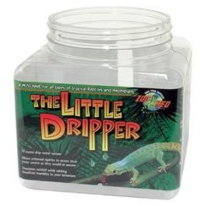 Clear plastic jar with label "The Little Dripper" featuring a green lizard on a tropical background.