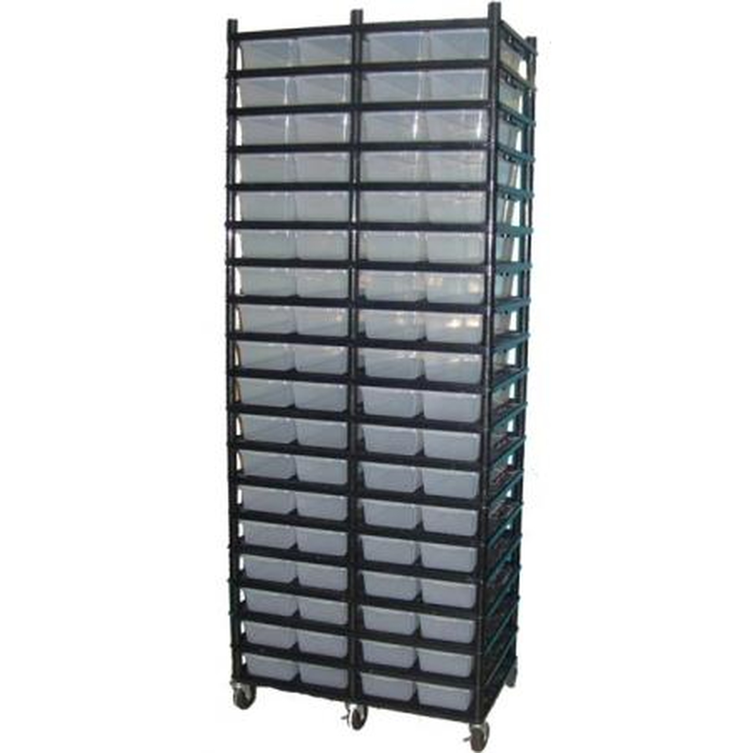 Tall metal cart with multiple clear plastic bins arranged in rows on wheels.