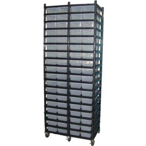 Tall metal cart with multiple clear plastic bins arranged in rows on wheels.