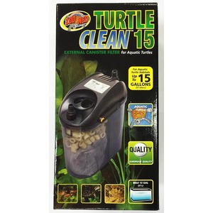 Zoo Med Turtle Clean 15 external canister filter for aquatic turtles on a black product box.