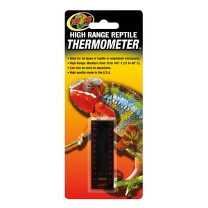 Colorful chameleon on packaging advertising Zoo Med high-range reptile thermometer with a vertical temperature strip.