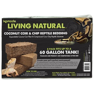 Komodo Living Natural Coconut Coir & Chip Reptile Bedding box with stacked brown bedding blocks and a snake.