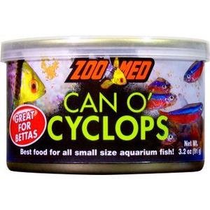 Can O' Cyclops fish food can with bright green text and colorful fish illustrations, marked great for bettas.