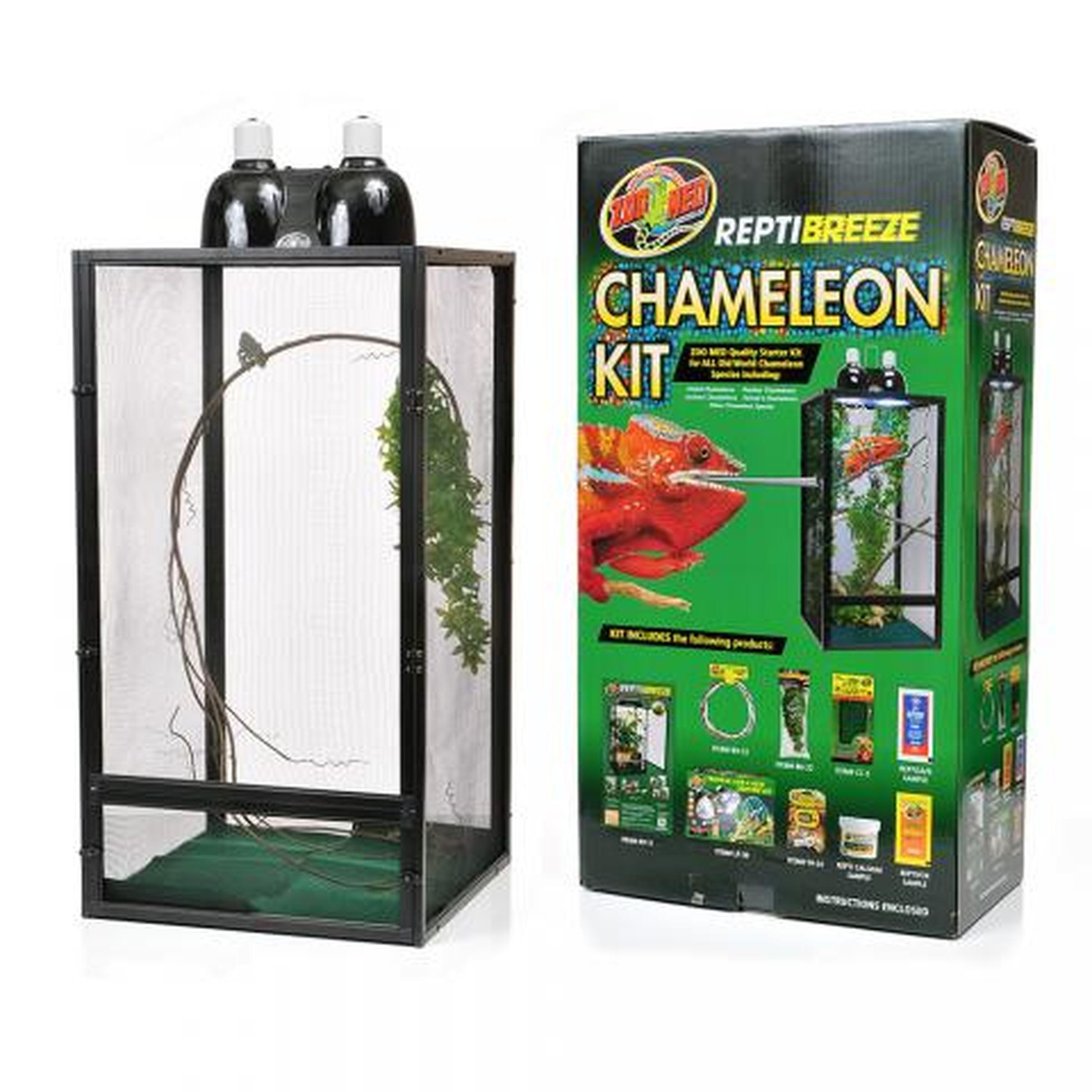 Chameleon terrarium with mesh frame and plant inside, shown beside a ReptiBreeze Chameleon Kit box.