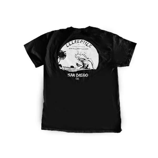 Black T-shirt back with a white circular graphic showing a palm tree, ocean wave, and “San Diego, CA” text.