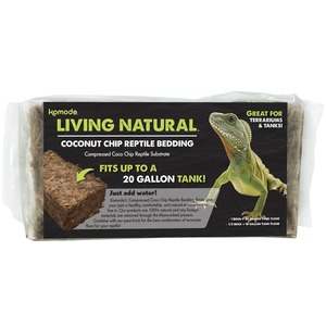 Coconut chip reptile bedding for terrariums, up to 20-gallon tanks; shows a green lizard on the label.