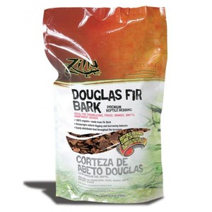 Douglas Fir Bark reptile bedding bag with a window showing wood chips, gradient orange-to-green design.