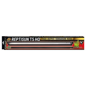 Reptisun T5 HO high-output terrarium hood packaging showing a long fluorescent lamp and a green lizard graphic.