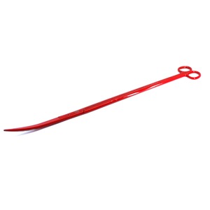 Long red curved surgical forceps with ring handles on white background