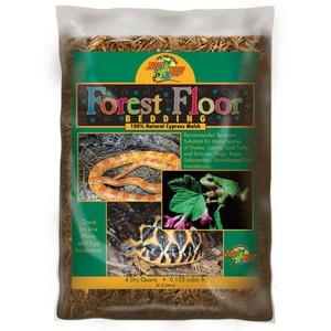 Bag of Forest Floor Bedding: 100% natural Cypress mulch with reptile and plant images on the label.