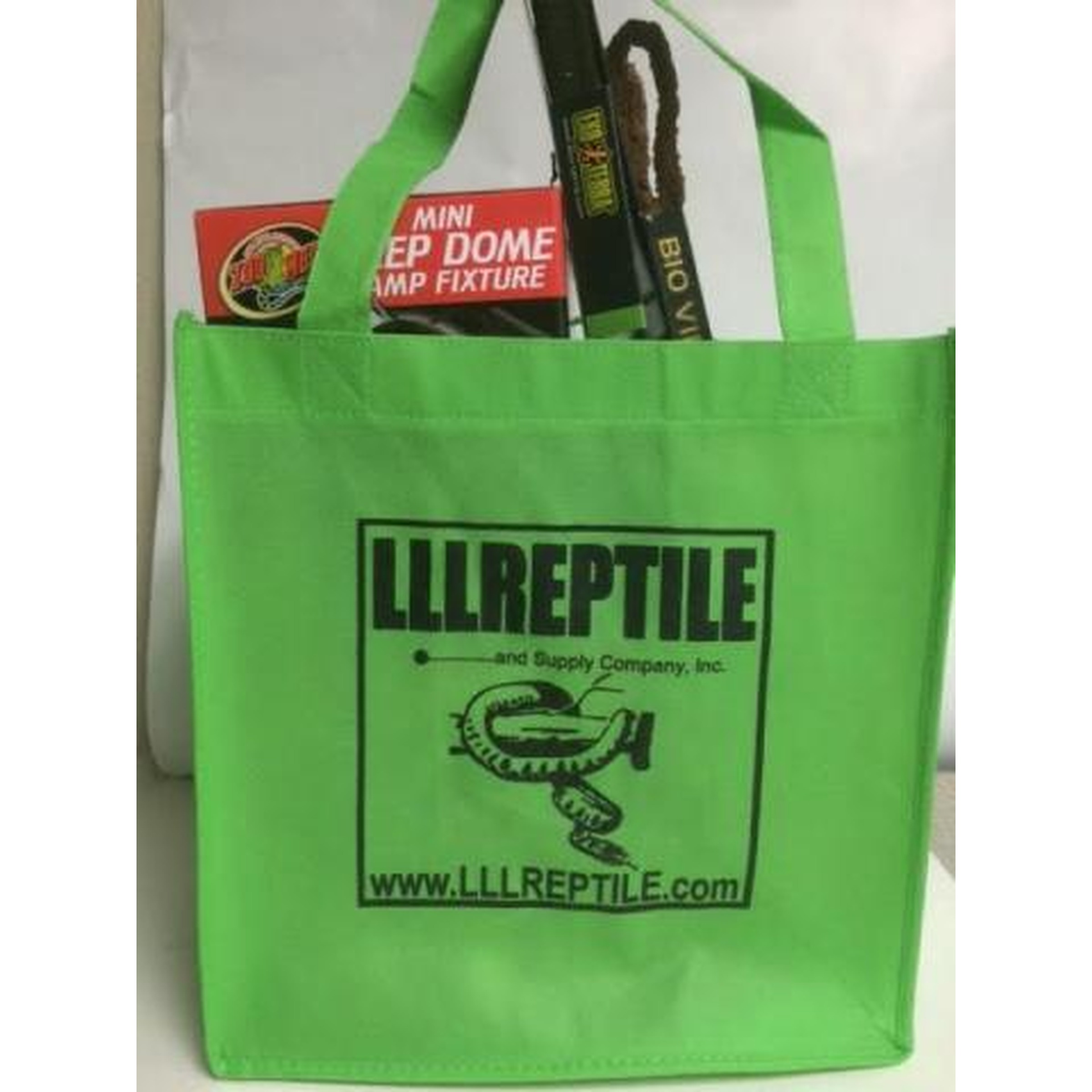 Bright green tote bag with LLREPTILE reptile supply logo and snake graphic, with boxes poking out.