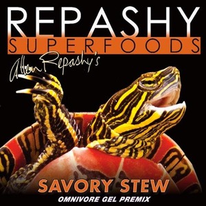 Close-up of a yellow-and-black striped reptile head emerging from a red bowl, with "Repashy Superfoods" and "Savory Stew" text.