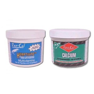 Two white-lidded Rep-Cal jars: Herptivite multivitamins on left and Calcium supplement on right.