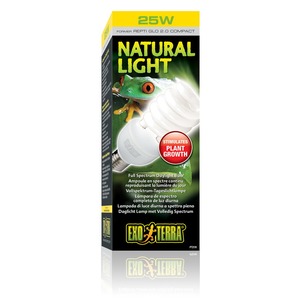 Exo Terra Natural Light 25W daylight bulb packaging featuring a frog image and a red “Stimulates Plant Growth” badge.