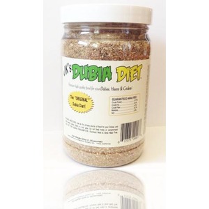 Glass jar with white lid containing coarse tan powder labeled "DUBIA DIET" for dubia roaches, featuring a barcode and yellow seal.