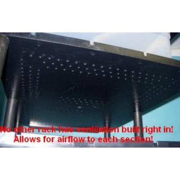 Bottom view of a vented rack with a perforated metal panel and red promotional text across the bottom.