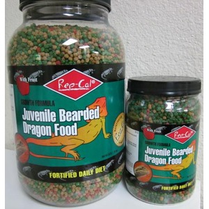 Two jars of Pea-Cal Juvenile Bearded Dragon Food with multicolored pellets on the labels.