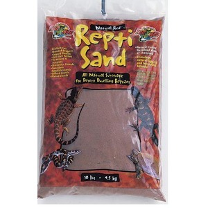 Red bag of Repti Sand natural reptile substrate; three lizards illustrated along the edges; 10 lb (4.5 kg)