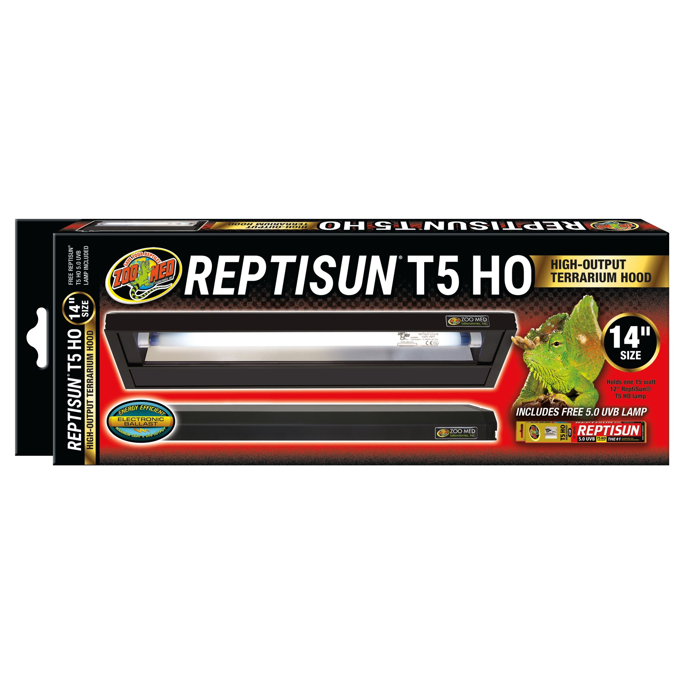 Box packaging for ReptiSun T5 HO high-output terrarium hood, 14" size, with a chameleon image.