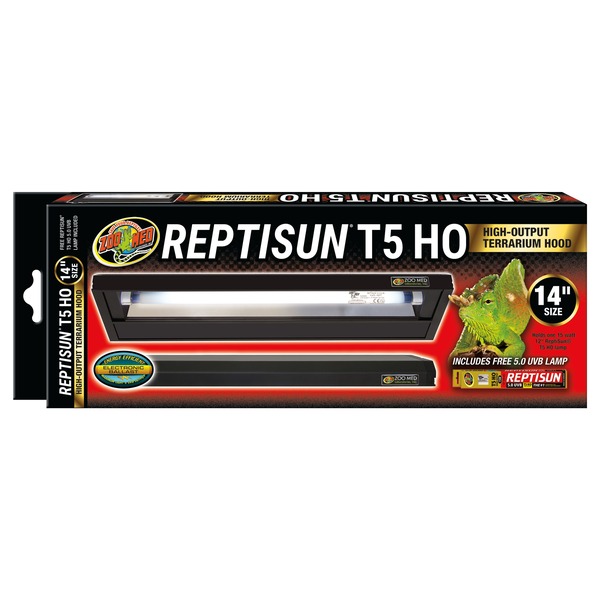 Box packaging for ReptiSun T5 HO high-output terrarium hood, 14" size, with a chameleon image.