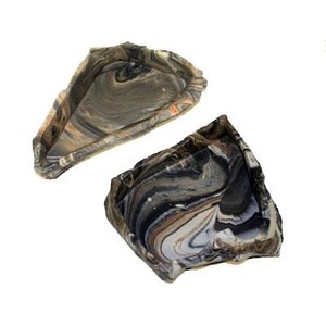 Two polished agate stones with swirling gray, black, and brown banding.