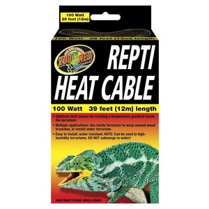 Packaging for Repti Heat Cable, 100 Watt, 39 feet (12m); features a green lizard image and bold white typography.