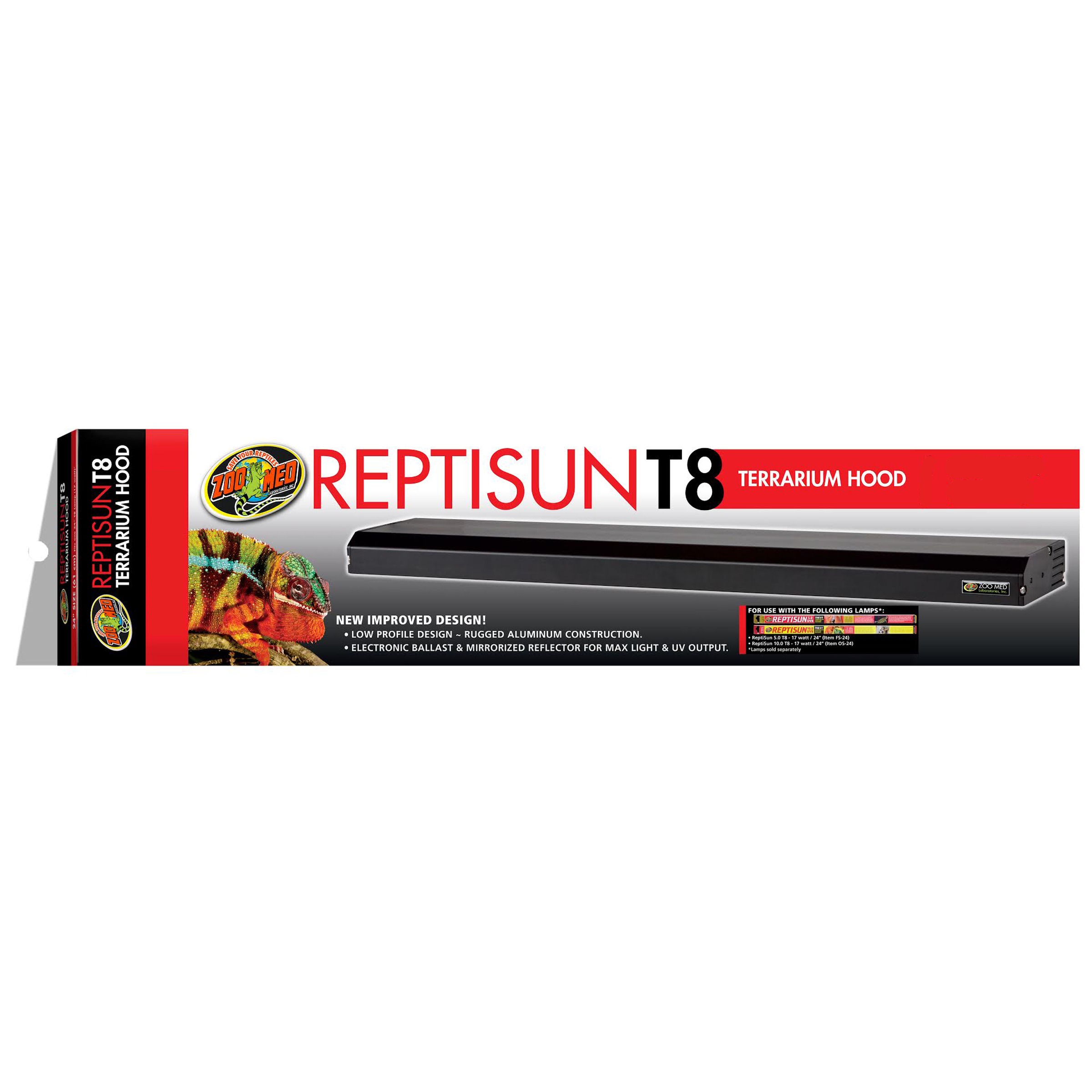 Zoo Med Reptisun T8 terrarium hood packaging with a black light hood, red branding, and a chameleon image.