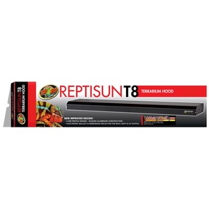 Zoo Med Reptisun T8 terrarium hood packaging with a black light hood, red branding, and a chameleon image.