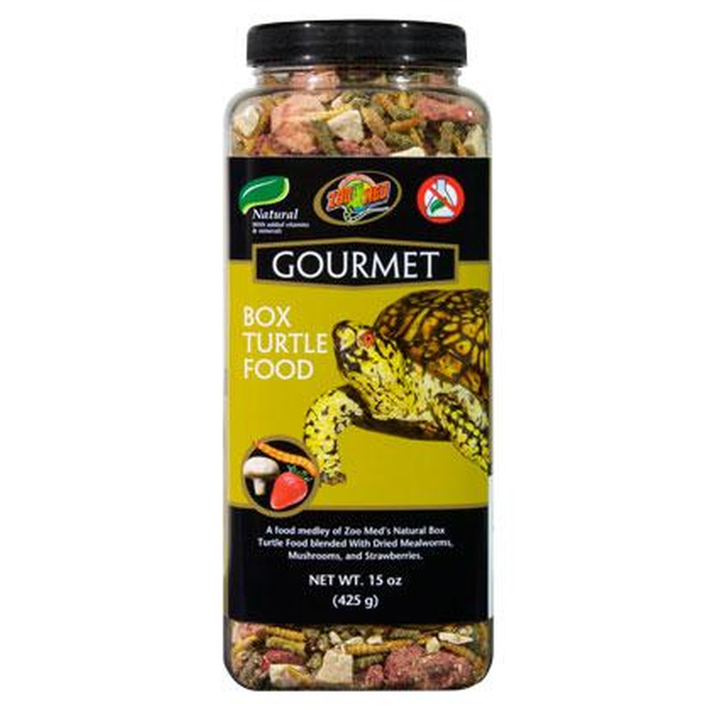 Jar labeled Gourmet Box Turtle Food featuring a yellow packaging with a box turtle illustration and assorted pellet pieces.