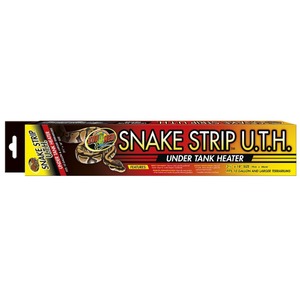 Packaging for Zoo Med Snake Strip UTH under-tank heater, bright red-yellow gradient with a coiled snake.