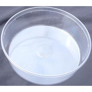 Clear plastic bowl with shallow water and a circular bottom mark, set on a dark surface.