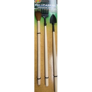 Three terrarium tools with wooden handles—brush, rake, and shovel—in packaging reading Paludarium Terrarium Tools.