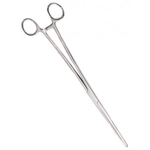 Stainless steel surgical scissors with ring finger handles and long slender blades.