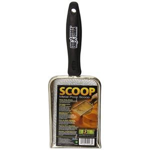 Black plastic handle attached to a metal mesh scoop labeled SCOOP Metal Poop Scoop