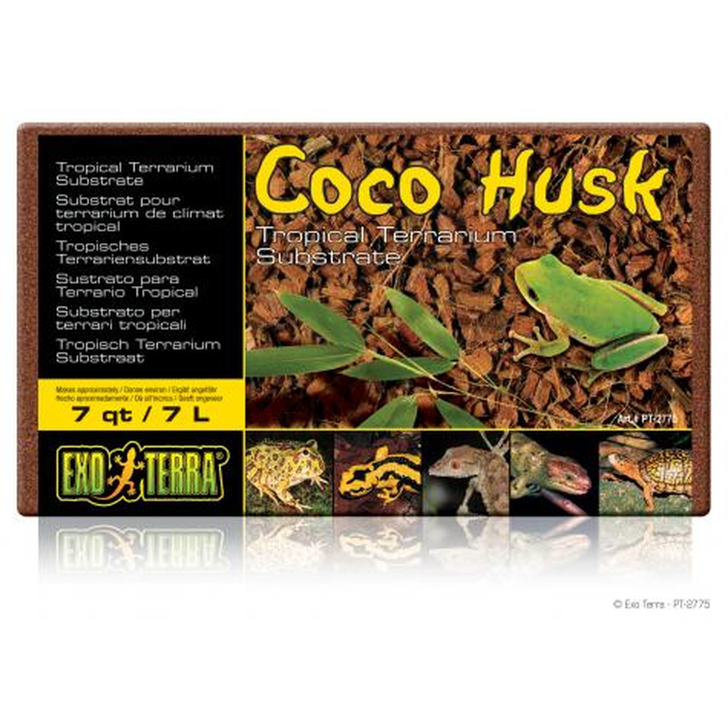 Coco Husk tropical terrarium substrate bag by Exo Terra, featuring packaging with green husk and small reptile images.