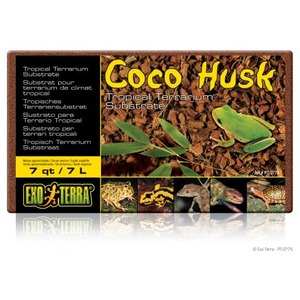 Coco Husk tropical terrarium substrate bag by Exo Terra, featuring packaging with green husk and small reptile images.