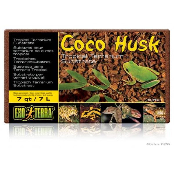 Coco Husk tropical terrarium substrate bag by Exo Terra, featuring packaging with green husk and small reptile images.