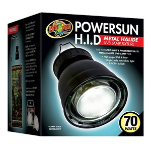 Zoo Med PowerSun H.I.D. black metal halide UVB lamp fixture on packaging, 70-watt badge.