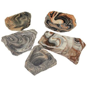 Five marbled, banded stones in gray, white, and brown tones.