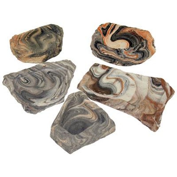 Five marbled, banded stones in gray, white, and brown tones.