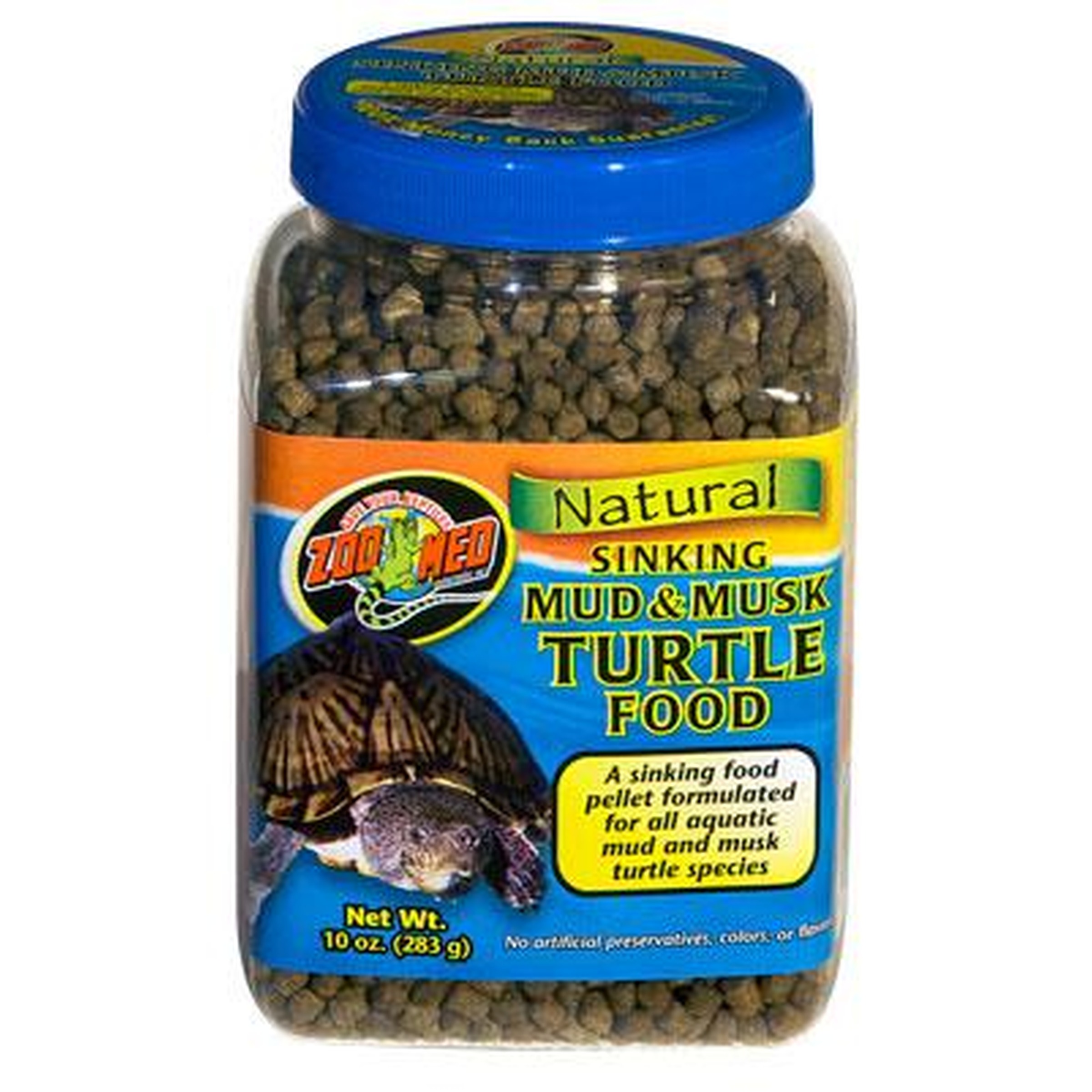 Jar of Zoo Med Natural Sinking Mud & Musk Turtle Food with a turtle on the label.