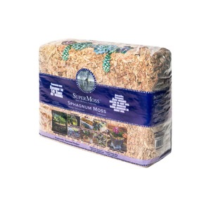Compressed bag of sphagnum moss wrapped in plastic with a purple label and small plant images