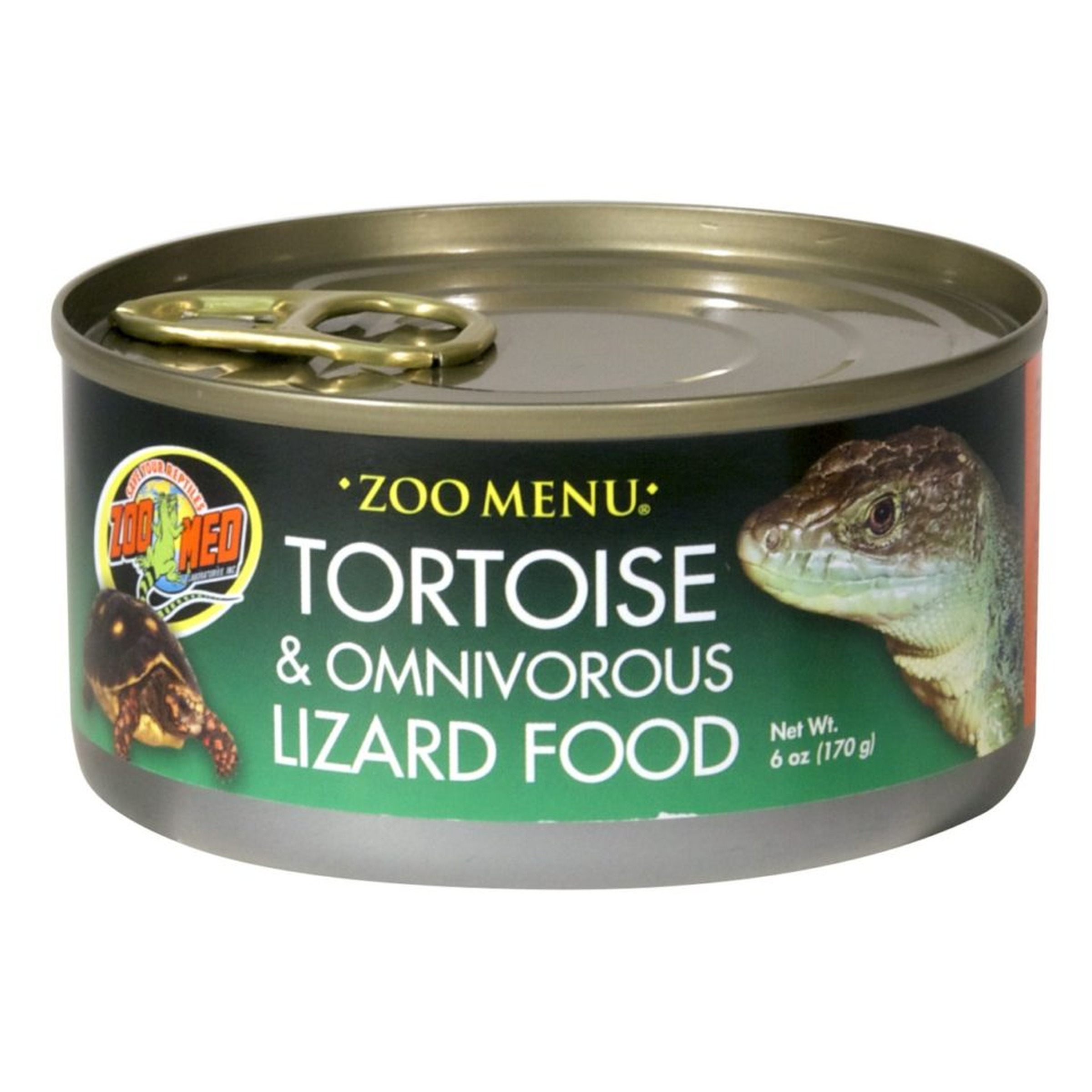 Can of reptile food labeled “Zoo Menu Tortoise & Omnivorous Lizard Food” with images of a tortoise and a lizard.