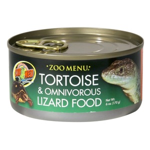 Can of reptile food labeled “Zoo Menu Tortoise & Omnivorous Lizard Food” with images of a tortoise and a lizard.
