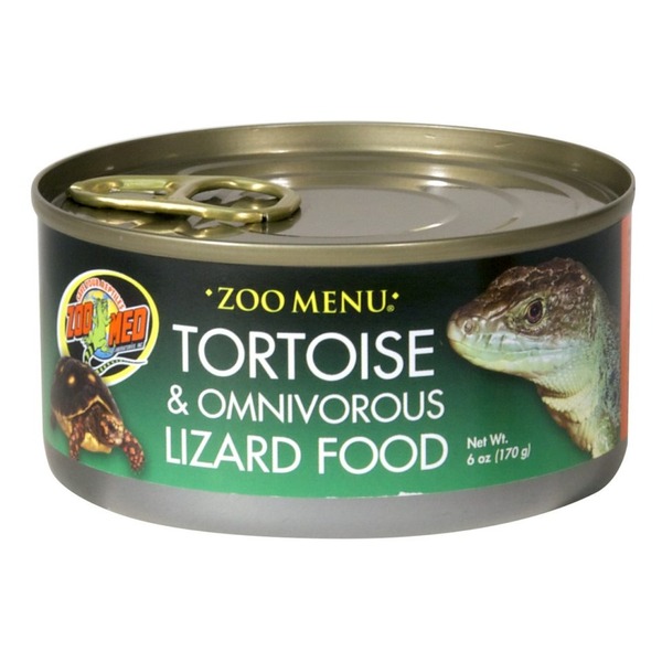 Can of reptile food labeled “Zoo Menu Tortoise & Omnivorous Lizard Food” with images of a tortoise and a lizard.